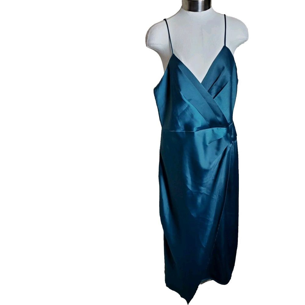 Lulus Hot Night Out Teal Green Satin Surplice Faux-Wrap Dress Size Large